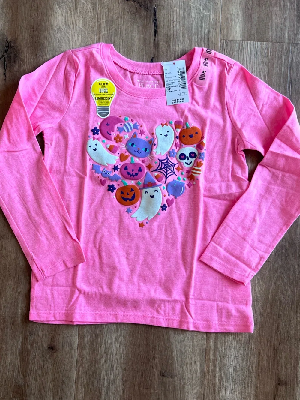 NWT The Children’s Place Girls' Pink Halloween Graphic Long-Sleeve Tee Glow Dark